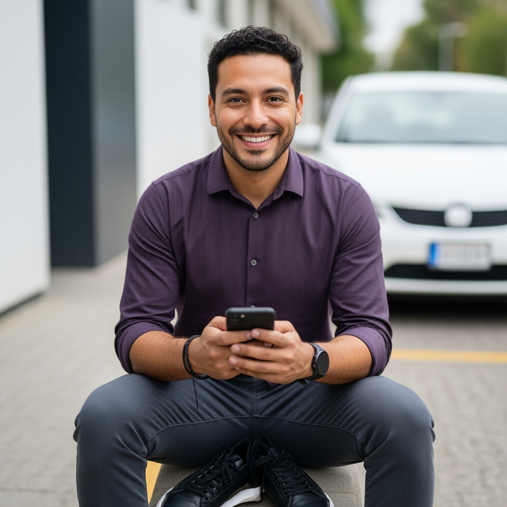 Hombre sonriendo mientras usa su celular para el peritaje de su vehículo